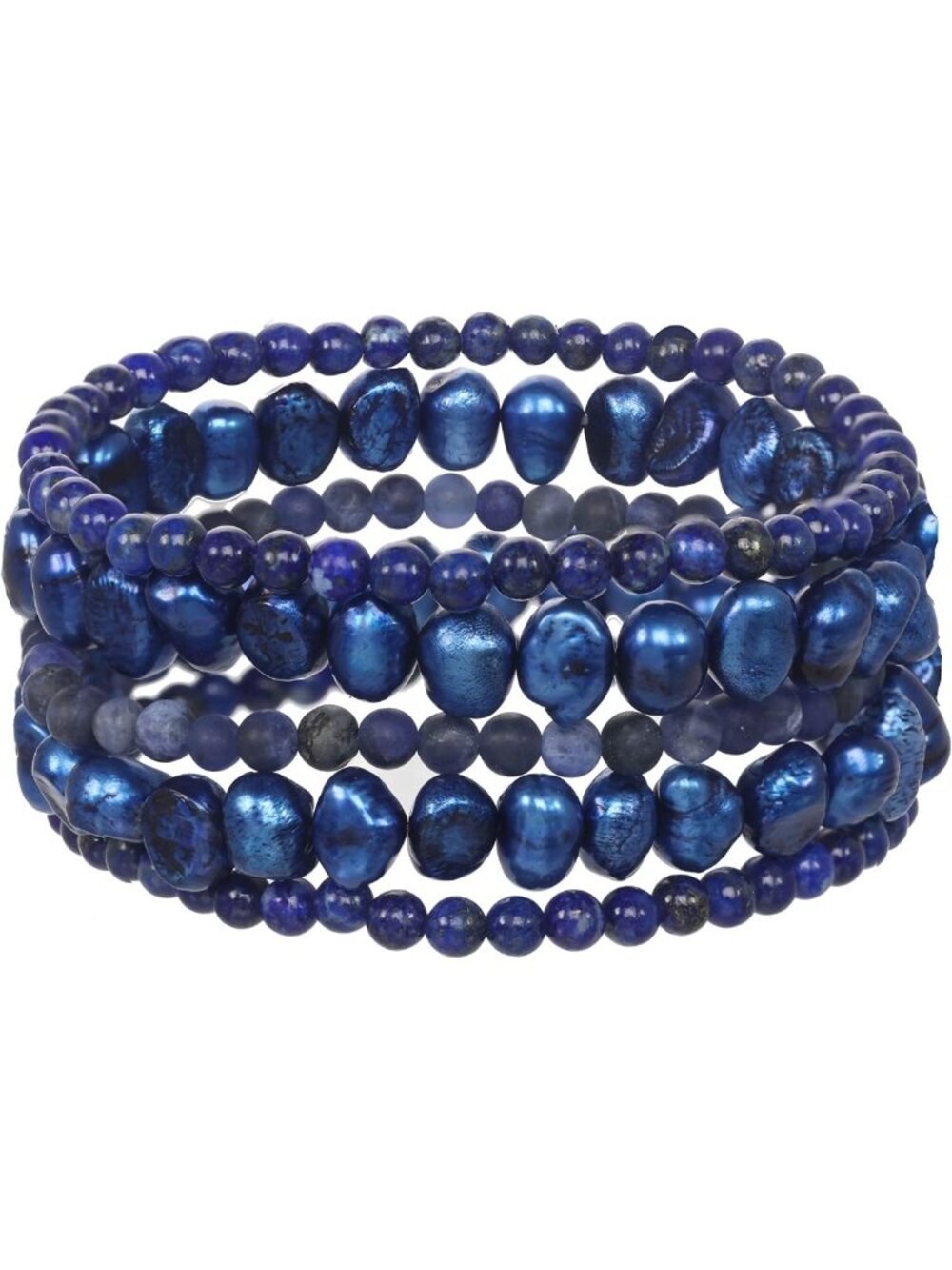 Set of 5 Lapis Lazuli & Dyed Blue Pearl Stretch Bracelets - Gemstone Jewelry Set